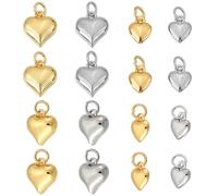 CRAFTYMELODY 16Pcs 18K Gold Plated Heart Charms 3D Love Pendant with Jump Ring Golden and Sliver Dangle Charm Valentine Charm Mother Gift for Jewelry Bracelet Necklace Bag Earring Making