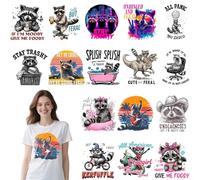 CRAFTYMELODY 16Pcs Cute Raccoon Iron on Transfer 16 Style DTF Ready to Press Vinyl Iron on Patch Decal Cute Animal Applique Costume Accessories for T-Shirts Jacket Pant Clothes Bag DIY Fabric Decor