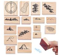 CRAFTYMELODY 16Pcs Wooden Rubber Stamp Set Various Compass Mountain Wood Stamps Mini Mountain Decorative Wood Stamps Outdoor Scenery Stamp for Journal Diary Scrapbook Planner Letter Card Making