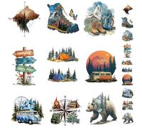 CRAFTYMELODY 18Pcs Camping Iron on Transfer 9 Style Outdoor Adventure DTF Ready to Press Vinyl Iron on Patch Decal Applique for T-Shirts Jacket Pant Cloth Bag DIY Fabric Decor