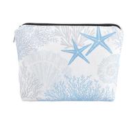 CRAFTYMELODY 1Pcs Beach Makeup Bag Blue Ocean Starfish Coral Seashell Beach Makeup Bag Linen Marine Life Sea Animals Cosmetic Bags Ocean Themed Gifts Travel Cosmetic Pouch for Woman Travel Essentials