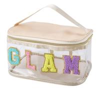 CRAFTYMELODY 1Pcs Chenille Letter Clear Makeup Bags Wheat Preppy Patch Makeup Bag Skin Portable Transparent Travel Cosmetic Bag Pouch with Handle Zipper Travel Storage Organizer for Vacation Travel