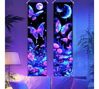 CRAFTYMELODY 2 Pack Blacklight Butterfly Tapestry Glow in the Dark Tapestry UV Reactive Flower Wall Hanging 12.9×15.1 Inch with Ropes Wooden Rods for Bedroom Dormitory Living Room Home Wall Decoration