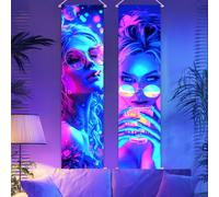 CRAFTYMELODY 2 Pack Blacklight Cool Women Tapestry Glow in the Dark Tapestry UV Reactive Anime Wall Hanging 12.9×15.1 Inch with Rope Wooden Rod for Bedroom Dormitory Living Room Home Wall Decoration