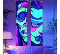 CRAFTYMELODY 2 Pack Blacklight Halloween Tapestry Glow in the Dark Horror Face Tapestry UV Reactive Wall Hanging 12.9×51 Inch with Rope Wooden Rod for Bedroom Dormitory Home Wall Decoration