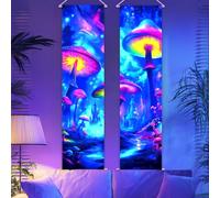 CRAFTYMELODY 2 Pack Blacklight Mushroom Tapestry Glow in the Dark Tapestry UV Reactive Starry Wall Hanging 12.9×15.1 Inch with Ropes Wooden Rods for Bedroom Dormitory Living Room Home Wall Decoration