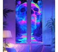 CRAFTYMELODY 2 Pack Blacklight Skull Tapestry Glow in the Dark Galaxy Mountain River Skeleton Tapestry UV Reactive Wall Hanging 12.9×51 Inch with Rope Wooden Rod for Bedroom Home Wall Decoration