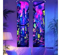 CRAFTYMELODY 2 Pack Blacklight Skyscraper Tapestry Glow in the Dark Tapestry UV Reactive Neon Wall Hanging 12.9×15.1 Inch with Ropes Wooden Rods for Bedroom Dormitory Living Room Home Wall Decoration