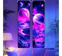 CRAFTYMELODY 2 Pack Blacklight Trippy Planet Tapestry Glow in the Dark Planet Mountain River Tapestry UV Reactive Galaxy Space Wall Hanging 12.9×51 Inch with Rope Wooden Rod for Bedroom Decoration