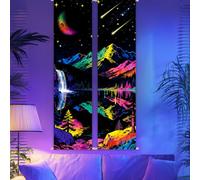 CRAFTYMELODY 2 Pack Cosmic Landscape Blacklight Tapestry Glow in the Dark Mountain Waterfall Tapestry UV Reactive Animal Wall Hanging 12.9×51 Inch with Rope Wooden Rod for Bedroom Home Wall Decoration