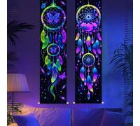 CRAFTYMELODY 2 Pack Dreamcatcher Blacklight Tapestry Glow in the Dark Neon Flower Butterfly Tapestry UV Reactive Wall Hanging 12.9×51 Inch with Rope Wooden Rod for Bedroom Home Wall Decoration