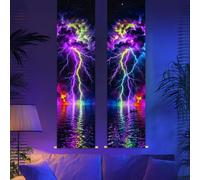 CRAFTYMELODY 2 Pack Lightning Blacklight Tapestry Glow in the Dark Neon Storm Clouds Tapestry UV Reactive Ocean Reflect Wall Hanging 12.9×51 Inch with Rope Wooden Rod for Bedroom Home Wall Decoration