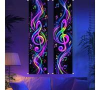 CRAFTYMELODY 2 Pack Neon Music Notes Tapestry Glow in the Dark Music UV Reactive Treble Clefs Wall Hanging 12.9×51 Inch with Rope Wooden Rod for Bedroom Home Room Wall Decoration