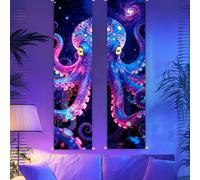 CRAFTYMELODY 2 Pack Octopus Blacklight Tapestry Glow in the Dark Neon Cosmic Octopus Tapestry UV Reactive Wall Hanging 12.9×51 Inch with Rope Wooden Rod for Bedroom Home Wall Decoration