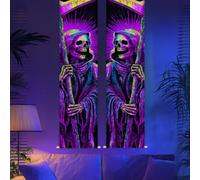 CRAFTYMELODY 2 Pack Reaper Skeleton Blacklight Tapestry Glow in the Dark Neon Skull UV Reactive Gothic Wall Hanging 12.9×51 Inch with Rope Wooden Rod for Bedroom Home Wall Decoration