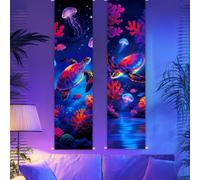 CRAFTYMELODY 2 Pack Sea Turtle Blacklight Tapestry Glow in the Dark Ocean Theme Tapestry UV Reactive Neon Underwater Wall Hanging 12.9×51 Inch with Rope Wooden Rod for Bedroom Home Wall Decoration