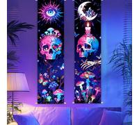 CRAFTYMELODY 2 Pack Skull Blacklight Tapestry Glow in the Dark Mushroom Butterfly Skeleton Tapestry UV Reactive Wall Hanging 12.9×51 Inch with Rope Wooden Rod for Bedroom Home Wall Decoration