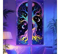 CRAFTYMELODY 2 Pack Tree of Life Blacklight Tapestry Glow in the Dark Celestial Sun Moon Star Tapestry UV Reactive Wall Hanging 12.9×51 Inch with Rope Wooden Rod for Bedroom Home Wall Decoration