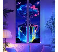 CRAFTYMELODY 2 Pack Tree Waterfall Blacklight Tapestry Glow in the Dark Blue Yellow Planet Tapestry UV Reactive Animal Wall Hanging 12.9×51 Inch with Rope Wooden Rod for Bedroom Home Wall Decoration