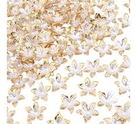 CRAFTYMELODY 200Pcs Resin Flower Beads Transparent 5 Petal Lily Loose Beads Golden Edge Floral Bead End Cap Bulk 0.94 Inch Diameter 0.07 Inch Hole for Jewelry Making Bracelets Necklace DIY Crafts