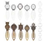 CRAFTYMELODY 20Pcs 10 Styles Vintage Bookmark Pendant Tray Kit Include 10Pcs Oval Round Metal Bookmark Cabochon Setting with 10Pcs Clear Glass Cabochon Alloy Cabochons Book Mark Blank Bezels