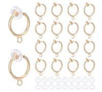 CRAFTYMELODY 28Pcs Clip-on Hoop Earring Converters Golden Clip Backs Round Brass Hoops Non Pierced Earring Findings with Loops and 28Pcs Comfort Pads for Jewelry Making Supplies 17.5x13x1.5mm