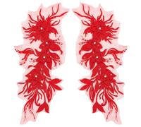 CRAFTYMELODY 2Pcs 3D Fabric Beaded Lace Applique Patch Iron Acrylic Floral Embroidered Sew on Embroidery with Rhinestone Lace Trim Applique Sewing DIY Craft Decor Wedding Dress Accessories Red