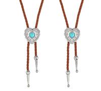 CRAFTYMELODY 2Pcs Bolo Tie Necklaces Camel Western Cowboy Bolo Tie Texas Cowboy Necktie Vintage Western Cowboys Leather Necktie with Alloy Heart Charm Costume Accessories Necklace for Woman Man