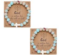 CRAFTYMELODY 2Pcs Cross Bead Bracelet Inspirational Cross Bracelets Round Bead Stretch Bracelets Imperial Jasper Elastic Stretch Bracelet with 2Pcs Paper Card for Women Friendship Crosses Gifts