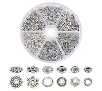 CRAFTYMELODY 300Pcs 6 Styles Antique Silver Spacer Beads, 6/7/7.5/8/9mm Tibetan Alloy Charms Beads Metal Loose Beads Bulk Flower Flat Rondelle Spacers for Bracelets Necklace Jewelry Making Supplies