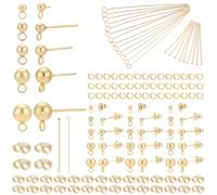 CRAFTYMELODY 300Pcs Stud Earring Findings Kit Real 18K Gold Plated Ball Earring Posts with Loop 304 Stainless Steel Gold Earrings Studs Ball Studs with Butterfly Backs Pins Jump Rings