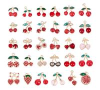 CRAFTYMELODY 30Pcs Enamel Cherry Charms Rhinestone Cherry Strawberry Charms Red Summer Fruit Charm Metal Fruit Charm Pendant for DIY Necklace Bracelet Earrings Jewelry Making Handmade Crafts
