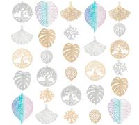 CRAFTYMELODY 38Pcs 7 Style Tree Leaf Charms 3 Color Leaf Pendant Metal Tree of Life Colorful Filigree Gingko Charms for Jewelry Bracelet Necklace Earring Making Accessories