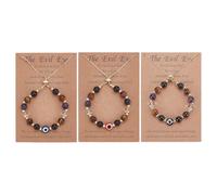 CRAFTYMELODY 3Pcs Evil Eye Dainty Bracelet 3 Styles Natural Crystal Protection Bracelet Adjustable Stone Beaded Slider Bracelets Clear Quartz Amethyst Black Tourmaline Tiger Eye Bracelet with Card
