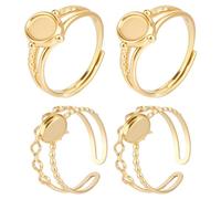 CRAFTYMELODY 4Pcs 2 Styles Blank Finger Rings 304 Stainless Steel Open Cuff Rings Components Real 14K Gold Plated Bezel Cup Ring Settings Oval Flat Round Pad Ring Blank Base for Jewelry Making