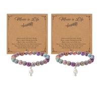 CRAFTYMELODY 4Pcs Music Notes Bracelet Natural Imperial Jasper Bead Bracelets Musical Note Chain with Card Stretch Bracelet Music Themed Gifts for Birthday Christmas Musicians Student Gift