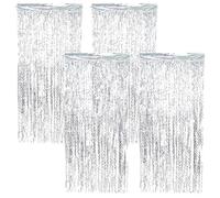 CRAFTYMELODY 4Pcs Silver Fringe Curtain Backdrop Tinsel Streamers Birthday Party Decorations Christmas Photo Booth Backdrop Silver Foil Curtains for Birthday Anniversary Retirement Party Wall Decor