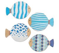 CRAFTYMELODY 4Pcs Vintage Wood Fish Beach Wall Decor Wooden Multi Fish Shape Nautical Coastal Wall Art Hanging Sculptures Lake House Ocean Theme Room Decor for Bathroom Bedroom Living Room