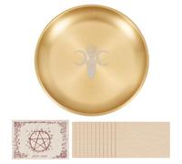 CRAFTYMELODY 5.5Inch Altar Ritual Plate Stainless Steel Flat Round Offering Bowl with 12Pcs Parchment for Smudging Decoration Trays Meditation Witchcraft Candle Trinket Holder Crystal(Moon Yoga)