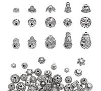 CRAFTYMELODY 50Pcs Guru Beads 5 Styles 3-Hole Alloy Loose Beads Teardrop Gourd Tibetan Prayer T-Drilled Beads Charms for Mala Bracelet Necklace Earring Jewelry Making Accessories Antique Silver