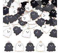 CRAFTYMELODY 50Pcs Halloween Ghost Charms 2 Color Skull Halloween Pendant Black White 22x18x1.5mm Pendant Bulk for Jewelry Making Supplies Dangle Earring Bracelets Necklace DIY Craft