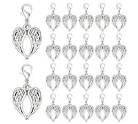 CRAFTYMELODY 60Pcs Angel Wings Clip On Charms Alloy Angel Wing Pendants with Lobster Clasp Double Wings Dangle Pendants Hanging Ornaments for DIY Keychains Jewelry Making Antique Silver Platinum