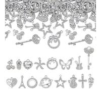 CRAFTYMELODY 64Pcs Platinum Tone Rhinestone Charms Set 16 Styles Metal Pendant Charms Heart Key Butterfly Cross Cherry Star Guitar Pendants for Bracelet Necklaces Keychain Jewelry Making