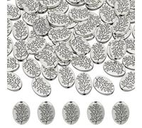 CRAFTYMELODY 70Pcs Antique Silver Oval with Leaf Spacer Beads Tibetan Style Alloy Tree Leaf Beads Oval Shape Loose Spacer Bead Metal Tree Branch Pattern Bead for Bracelet Necklace Jewellery Making
