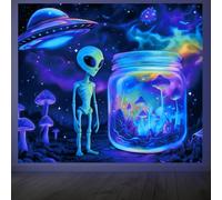 CRAFTYMELODY Alien Neon Mushroom Blacklight Tapestry Trippy Glow in the Dark Tapestry UV Reactive Extraterrestrial Wall Hanging 59×51 Inch with Hook Self Adhesive Sticker Clip for Home Wall Decor