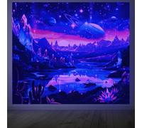 CRAFTYMELODY Alien Planet Blacklight Tapestry Glow in the Dark Tapestry UV Reactive Lake Mountain Star Wall Hanging 59×51 Inch with Hook Self Adhesive Sticker Clip for Bedroom Home Wall Decoration