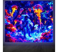CRAFTYMELODY Astronaut Blacklight Tapestry Glow in the Dark Tapestry UV Reactive Colorful Jellyfish Wall Hanging 59×51 Inch with Hook Self Adhesive Sticker Clip for Bedroom Home Wall Decoration