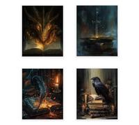 CRAFTYMELODY Book Dragon Bird Wall Art Prints Set of 4 Dark Style Poster Wall Decor Book Lover Artworks for Living Room Bedroom Classroom Office Decoration 8x10 Inch Unframed