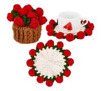 CRAFTYMELODY Handmade Crochet Coaster Set Flower Wool Yarn Hot Pads with Flower Basket Hand-crocheted Rose Coaster Fun Soft Decorative Drink Coasters for Coffee Tabletop Protection and Home Decor Red