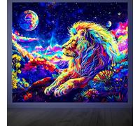CRAFTYMELODY Lion Blacklight Tapestry Glow in the Dark Tapestry UV Reactive Moon Colorful Wall Hanging 59×51 Inch with Hook Self Adhesive Sticker Clip for Bedroom Home Wall Decoration